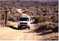 Unser VW-Bus auf einer Naturstrasse zwischen Bschen und Joshua Trees
