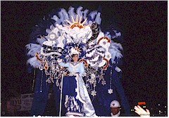 Kostmierte Frau auf Umzugswagen am Mardi Gras