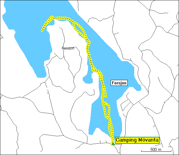 [ karte mit wegstrecke kanu-tour auf dem forsjn ]