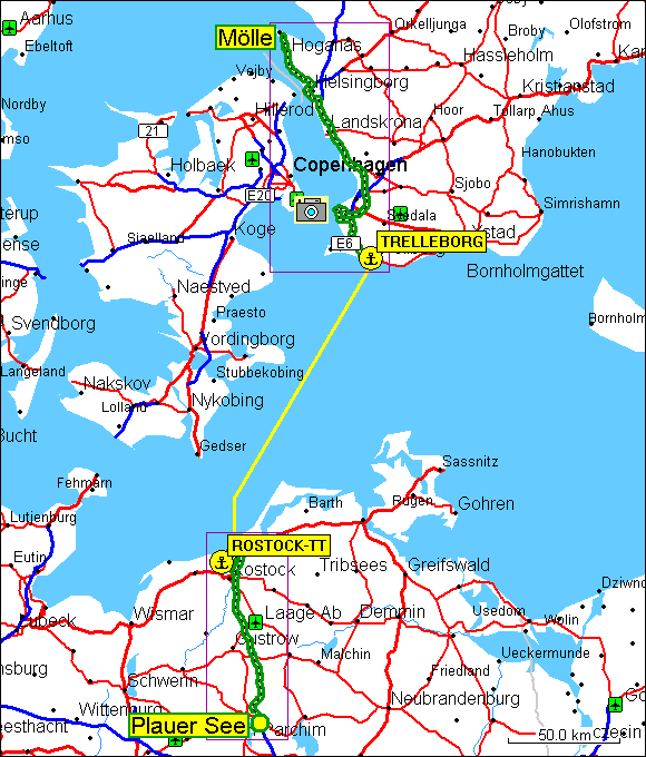 [ karte mit wegstrecke mlle - trelleborg - rostock - malchow ]