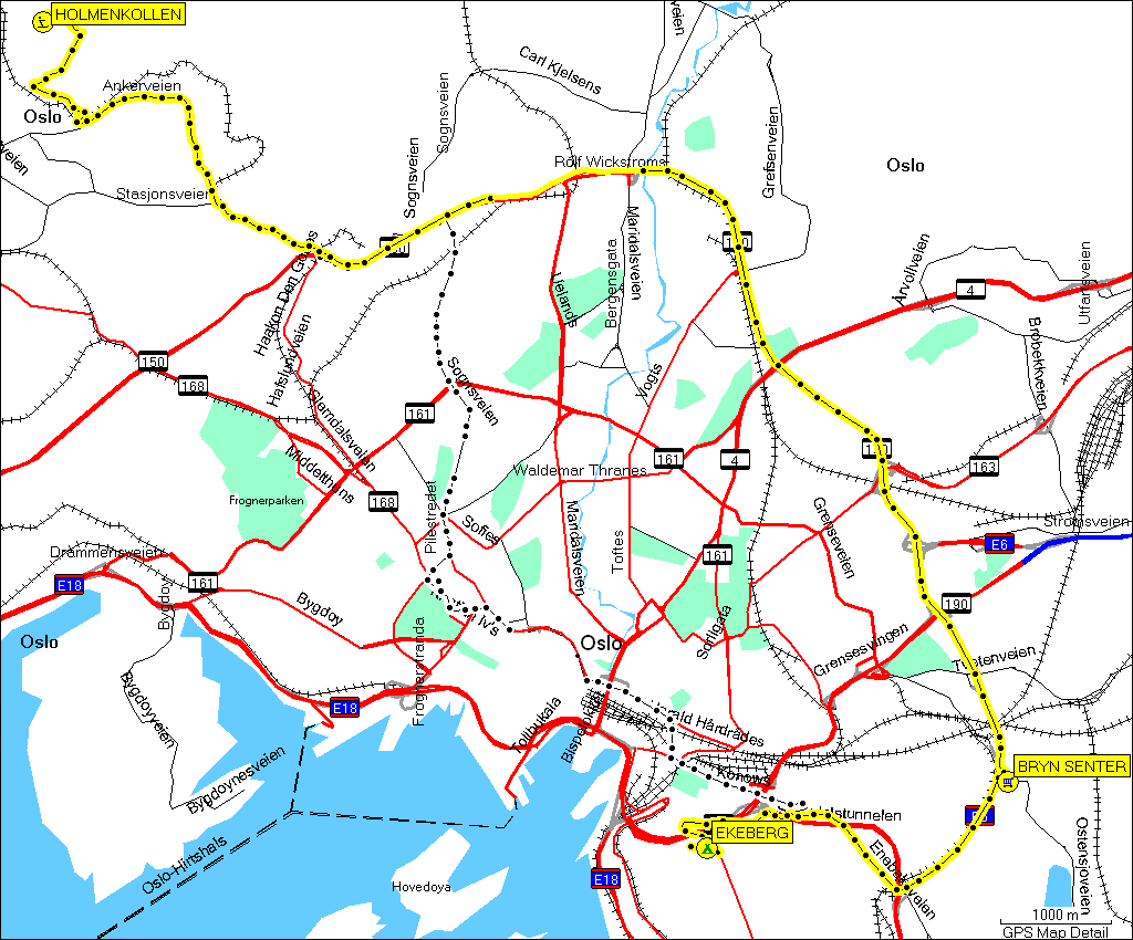 [ karte mit wegstrecke in oslo, N vom campingplatz ekeberg zur sprungschanze holmenkollen ]
