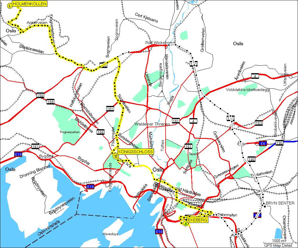 [ karte mit wegstrecke in oslo, N von sprungschanzen holmenkollen zum campingplatz ekeberg ]