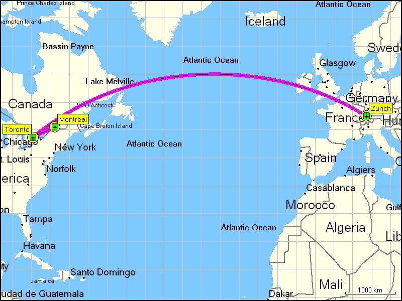[ karte mit flugstrecken zrich, CH via toronto, CA nach montreal, CA ]