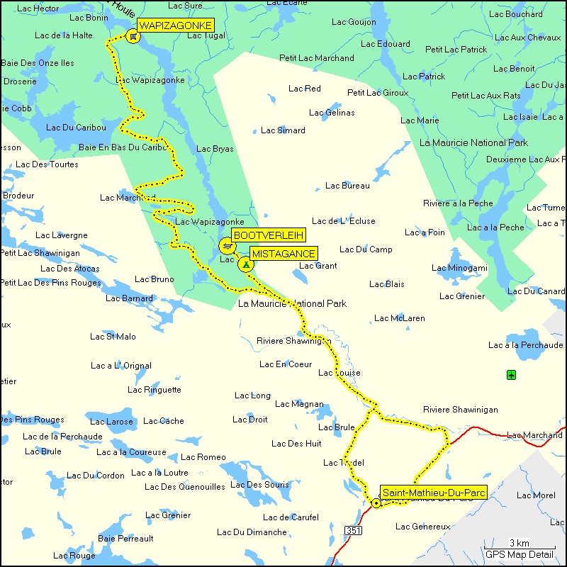 [ karte mit wegstrecke vom novotel in montreal zum camping mistagance im la mauricie nationalpark ]
