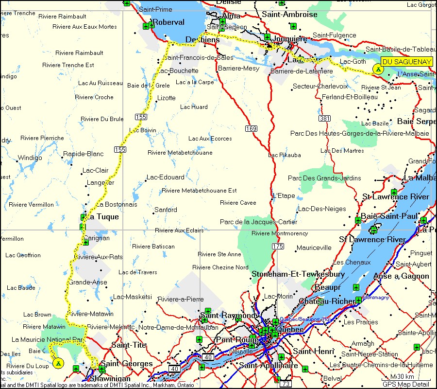 [ karte mit wegstrecke vom camping mistagance im la mauricie nationalpark zum camping riviere eternite im du saguenay nationalpark ]