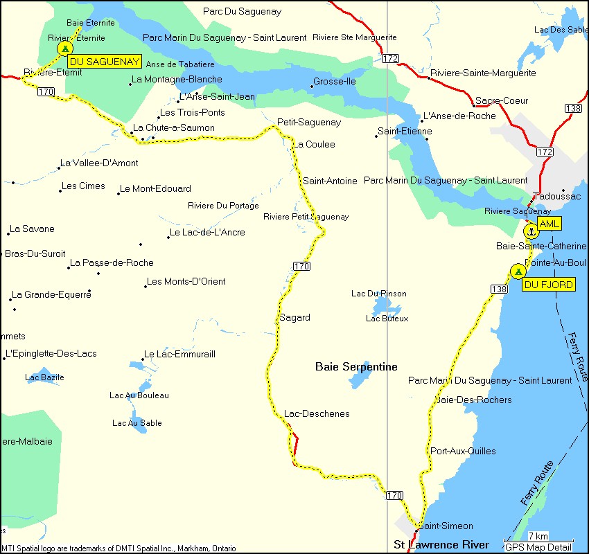 [ karte mit wegstrecke vom camping mistagance im la mauricie nationalpark zum camping riviere eternite im du saguenay nationalpark ]