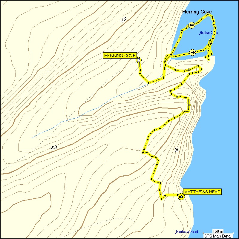 [ karte mit wegstrecke wanderung von herring cove im fundy NP zum aussichtspunkt matthews head und zurck ]
