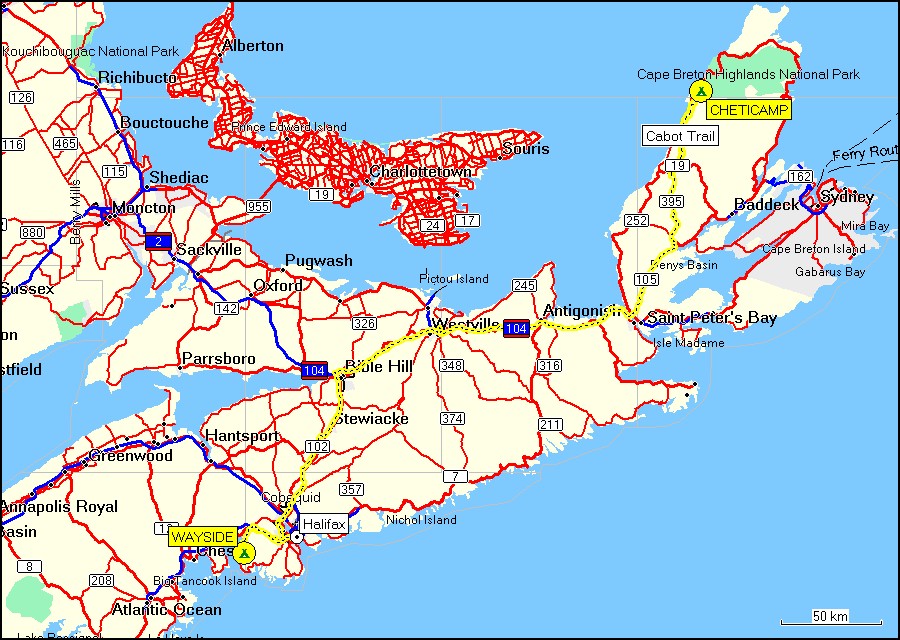 [ karte mit wegstrecke vom camping cheticamp im cape breton NP zum campingplatz wayside in glen margaret bei halifax ]