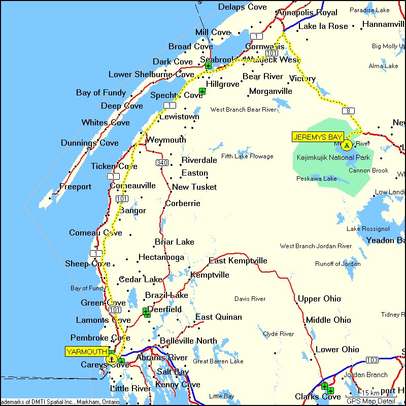 [ karte mit wegstrecke vom camping jeremys bay im kejimkujik NP zum hafen in yarmouth ]