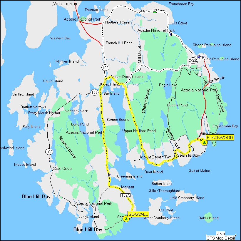 [ karte mit wegstrecke vom camping blackwood im acadia NP zum camping seawall ]