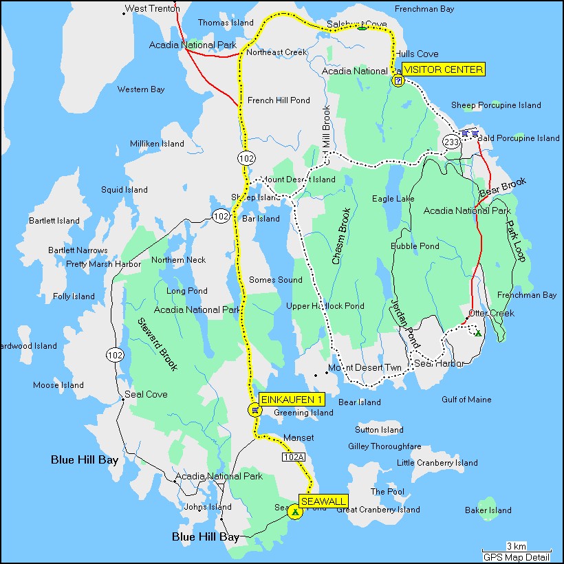 [ karte mit wegstrecke vom camping seawall im acadia NP via southwest harbor town (einkaufen) zum visitor center ]