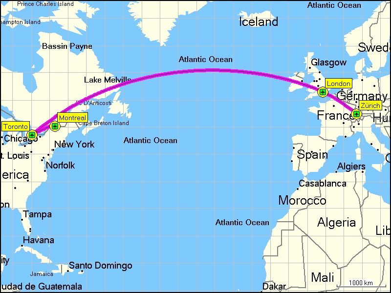 [ karte mit flugstrecke von montreal via toronto und london nach zrich ]