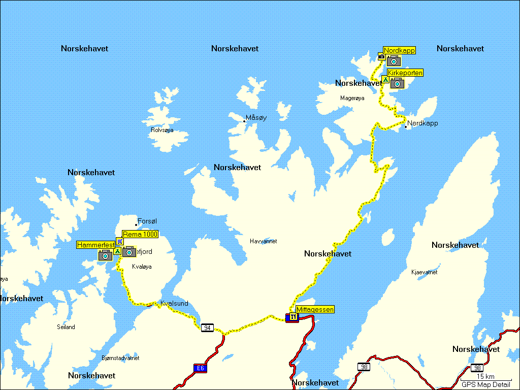 [ karte mit wegstrecke campingplatz kirkeporten bei skarsvg, N via nordkapp nach hammerfest, N ]