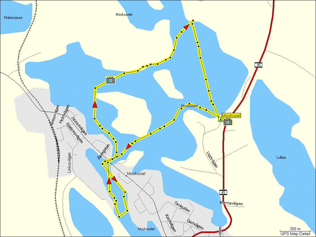 [ karte mit wegstrecke der fahrt mit kanu auf dem moskoselet ]