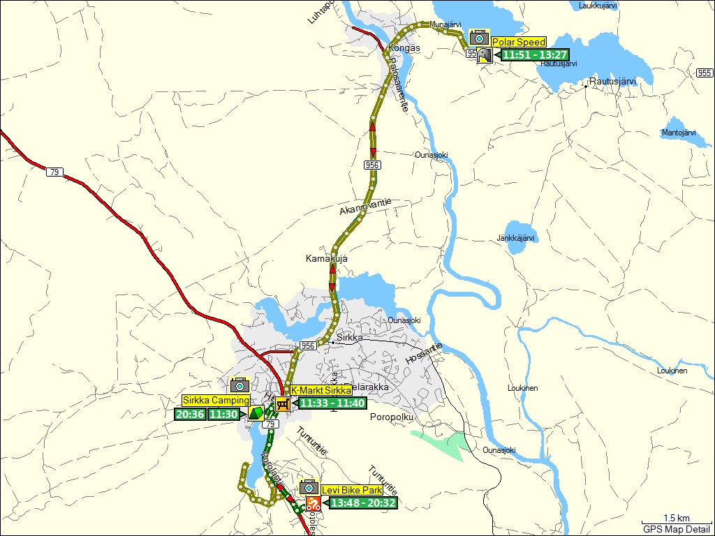 wegstrecke campingplatz sirkka via K-Markt sirkka zur huskyfarm polar speed; anschliessend von der huskyfarm zum bike park levi; dann zurck zum campingplatz sirkka