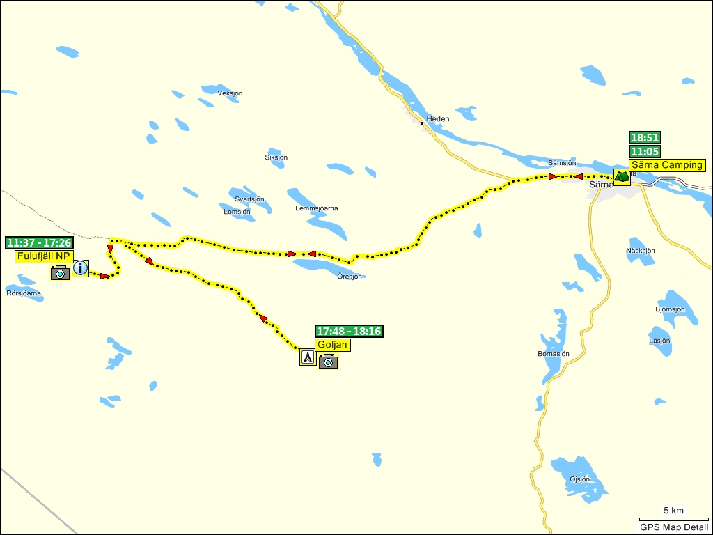 wegstrecke fahrt vom campingplatz srna zum nationalpark fulufjllets und zurck