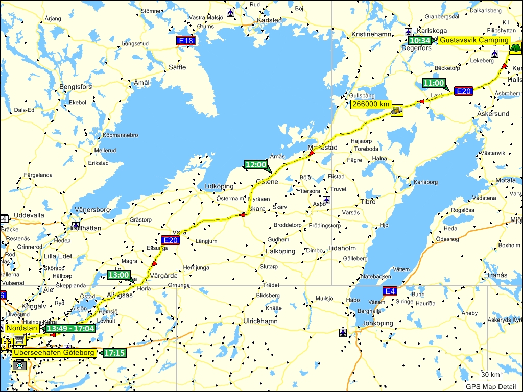 wegstrecke fahrt camping gustavsvik in rebro via einkaufszentrum nordstan zum berseehafen gteborg