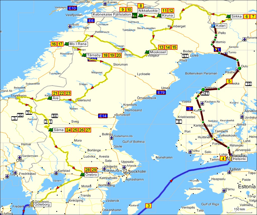 zurckgelegte wegstrecke in finnland, schweden und norwegen mit tageszielen