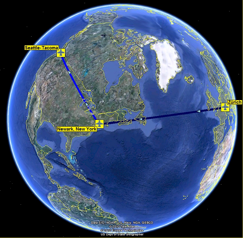 flugstrecke zrich - new york - seattle in google earth