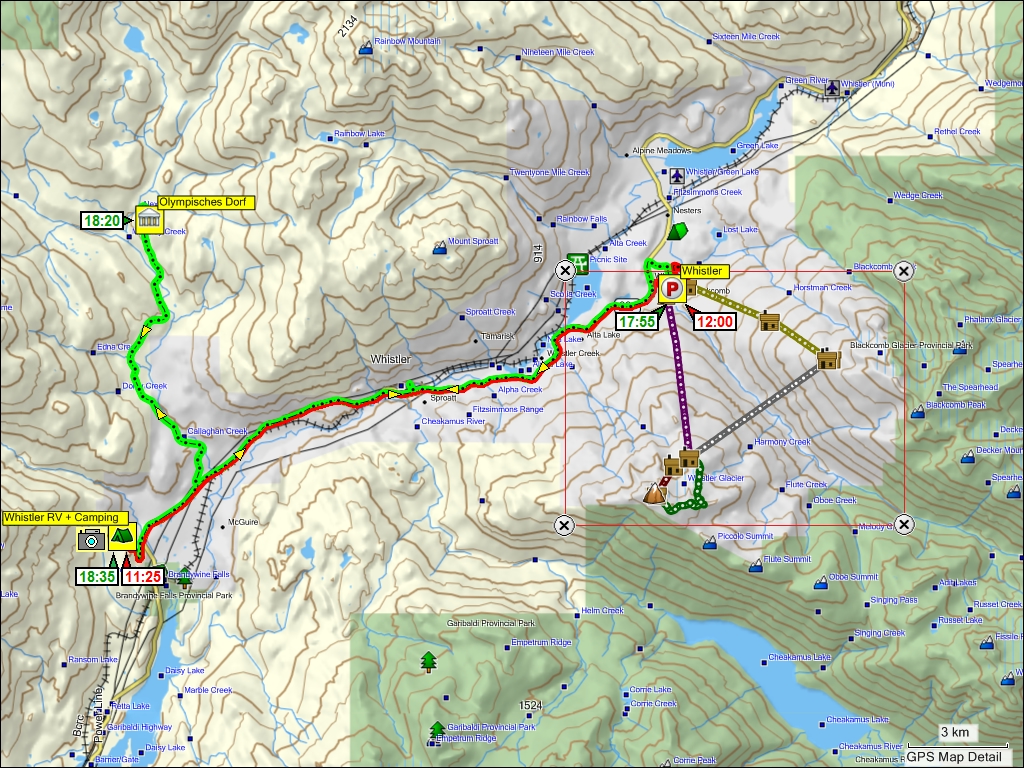 fahrt vom campingplatz nach whistler und zurck; auf dem rckweg abstecher zum olympischen dorf