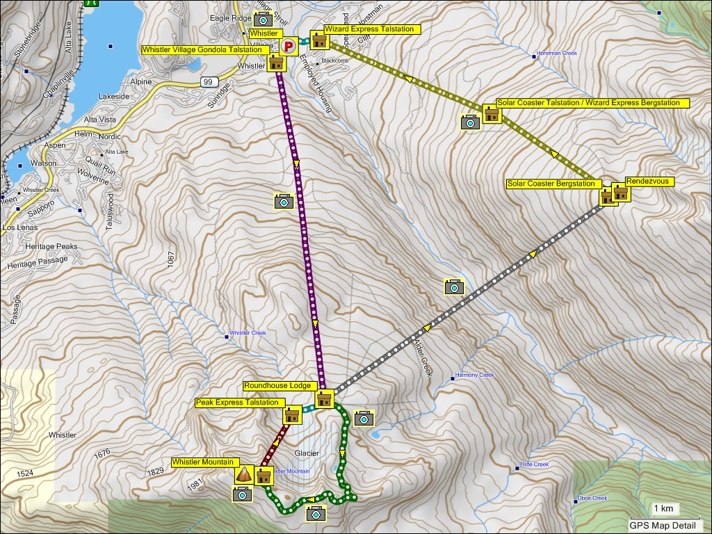 wegstrecke bergbahnen und wanderung am whistler mountain