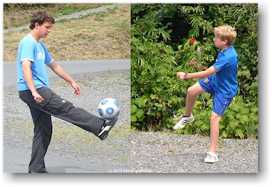 daniel und mathias spielen fussball whrend der mittagsrast am meziadin lake, CAN
