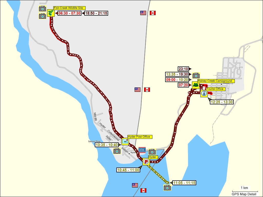 wegstrecken der fahrten von steward, CAN nach hyder, alaska, USA und zurck