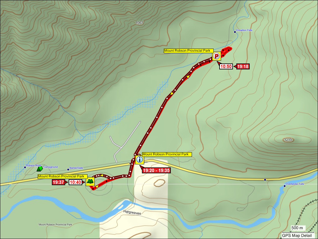 wegstrecke vom campingplatz zum anfang des berg lake wanderweges und zurck im mount robson provincial park, CAN