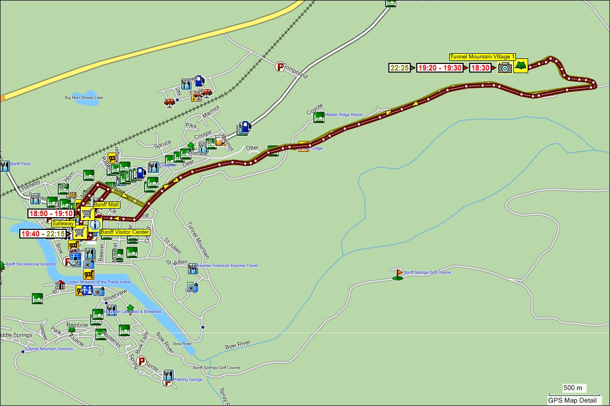 wegstrecke diverser fahrten zwischen campingplatz und stadtzentrum in banff, CAN
