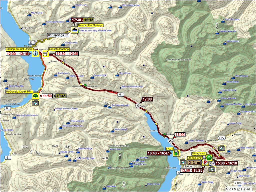 wegstrecke mc donald creek provincial park - idaho peak - nakusp hot springs - mc donald creek provincial park, CAN