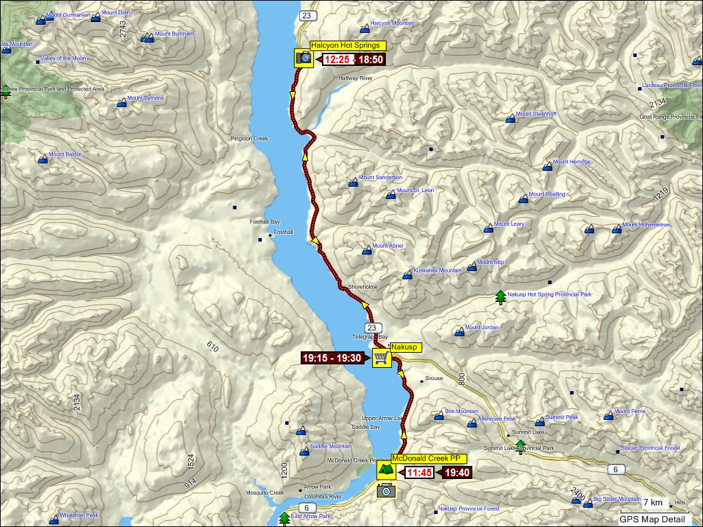 wegstrecke vom mc donald creek provincial park zur halcyon hot springs und zurck