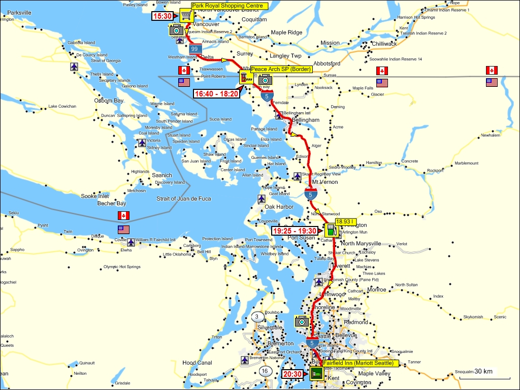 wegstrecke der fahrt vom park royal shopping centre bei vancouver, CAN zum fairfield inn (mariott hotel) in seattle, USA