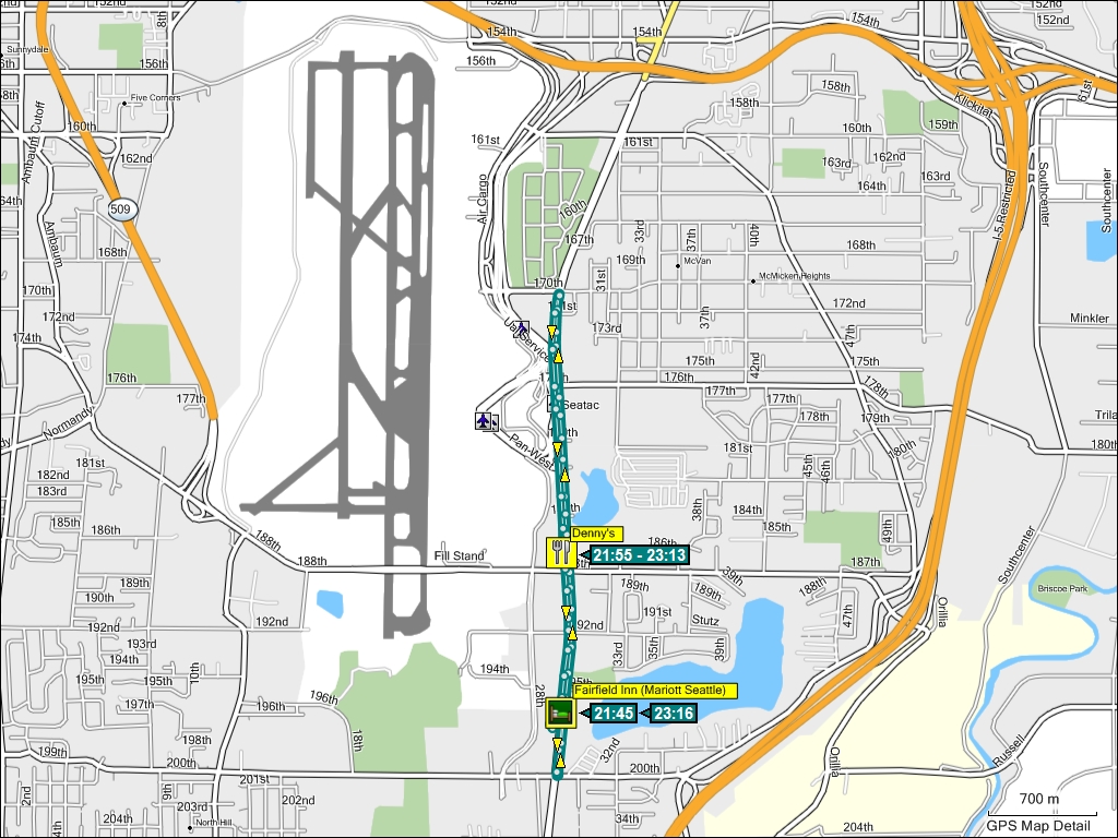 wegstrecke der fahrt vom fairfield inn (mariott hotel) zum denny's und zurck in seattle, USA