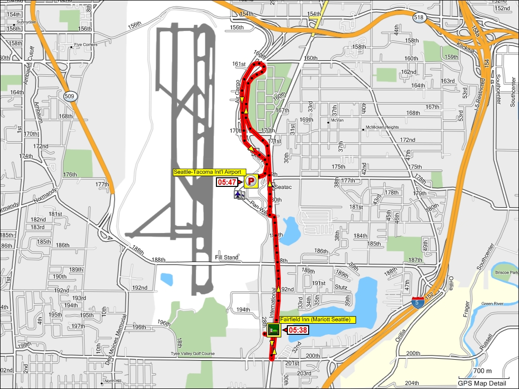 wegstrecke fairfield inn (mariott hotel) zum rental car return des tacoma international airport in seattle, USA