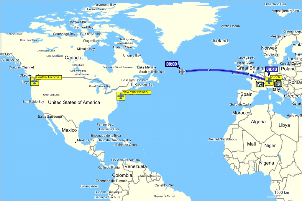 wegstrecke zwischen amerika und europa bis zrich-kloten