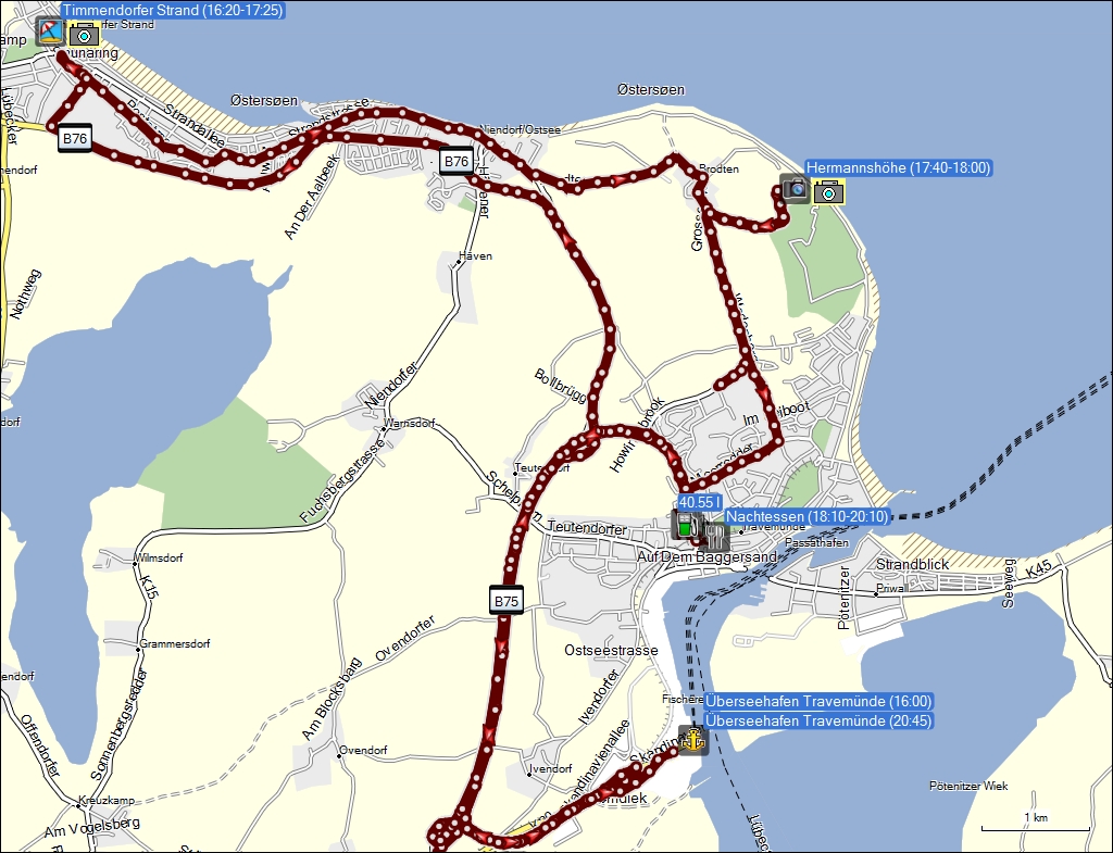 wegstrecke der fahrt vom ueberseehafen travemuende nach timmendorfer strand, zur hermannshoehe, ins stadtzentrum und zurueck zum ueberseehafen