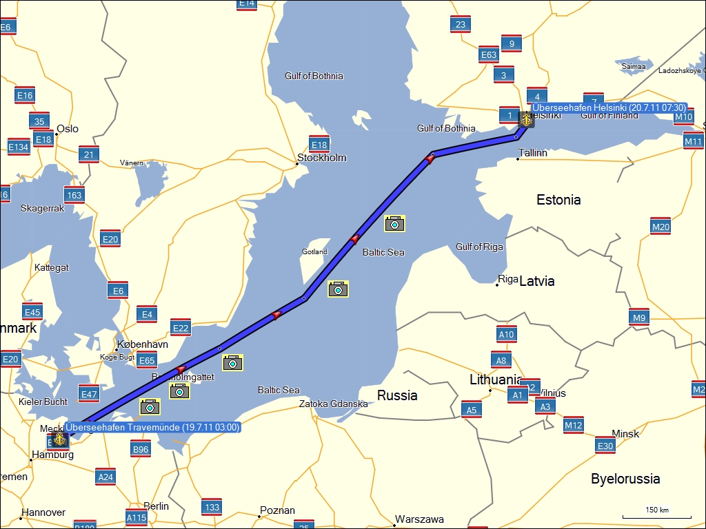 wegstrecke der fahrt mit der faehre von travemuende, DE nach helsinki, FI