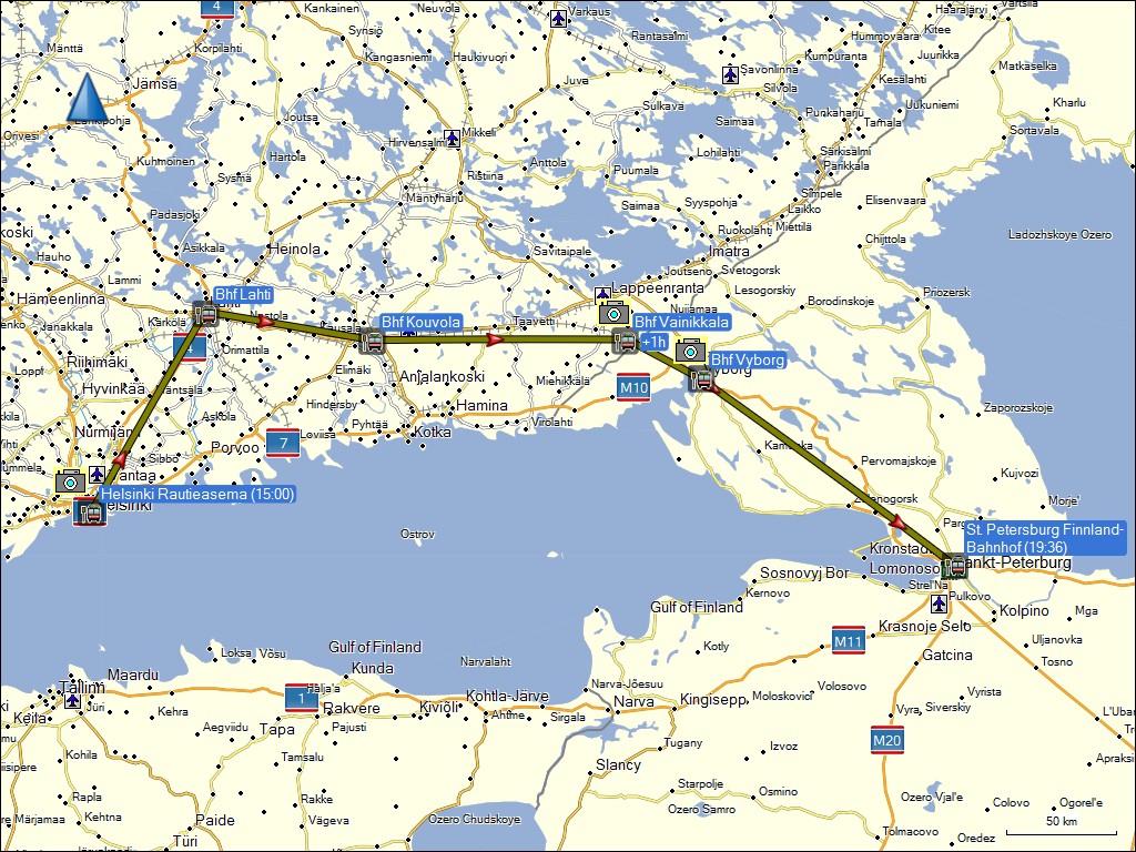 wegstrecke der zugfahrt von helsinki, FI nach sankt petersburg, RU