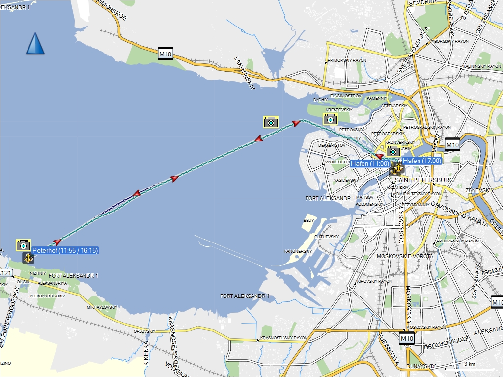 wegstrecke fahrt mit dem tragflchenboot von sankt petersburg, RU zum peterhof und zurck