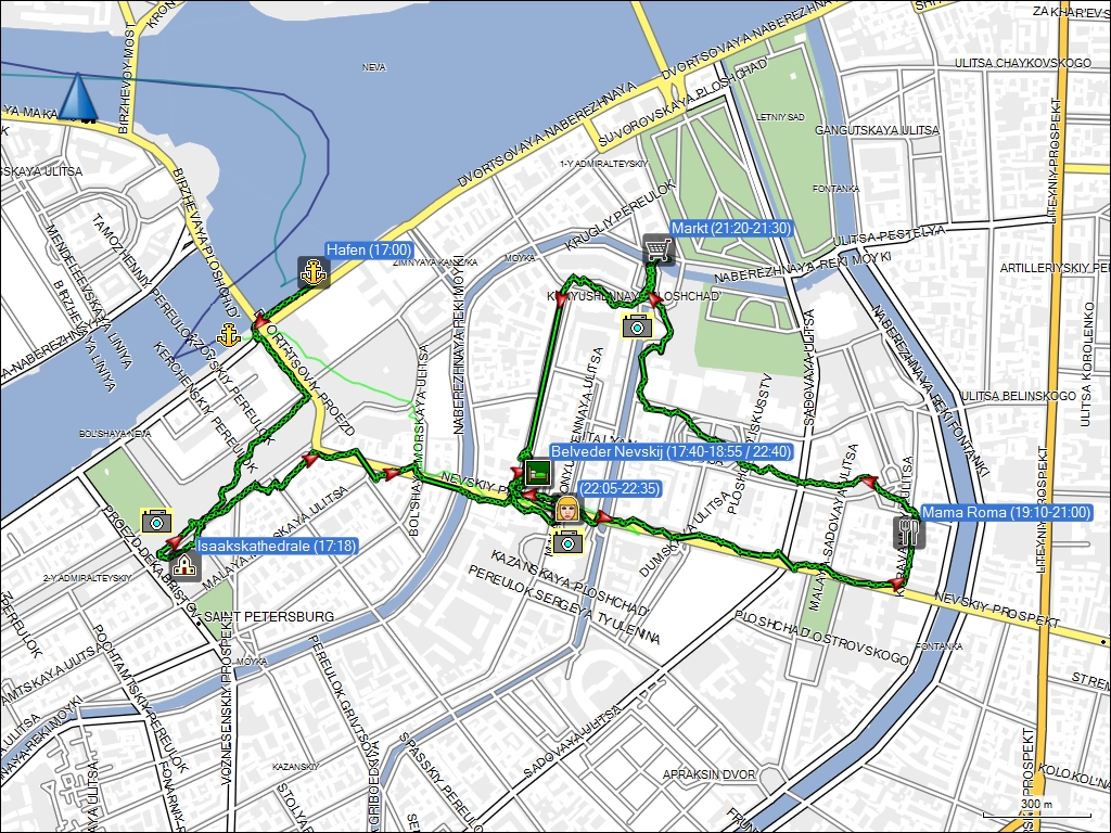 wegstrecke fussmarsch vom hafen via isaakskathedrale zum hotel, dann vom hotel zum restaurant mama roma und zurck mit einem abstecher zum nevskiy prospekt in sankt petersburg, RU