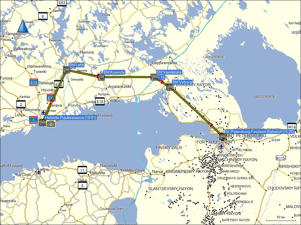 wegstrecke der zugfahrt von sankt petersburg, RU nach helsinki, FI