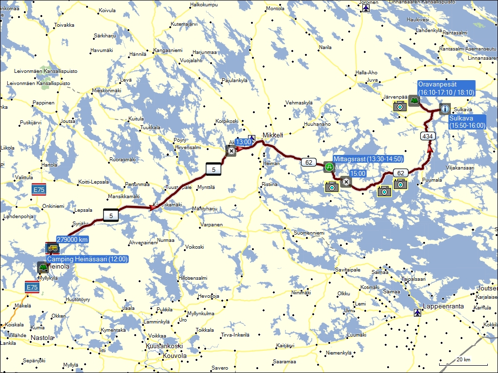 wegstrecke der fahrt von heinola, FI zum campingplatz oravanpest bei sulkava, FI