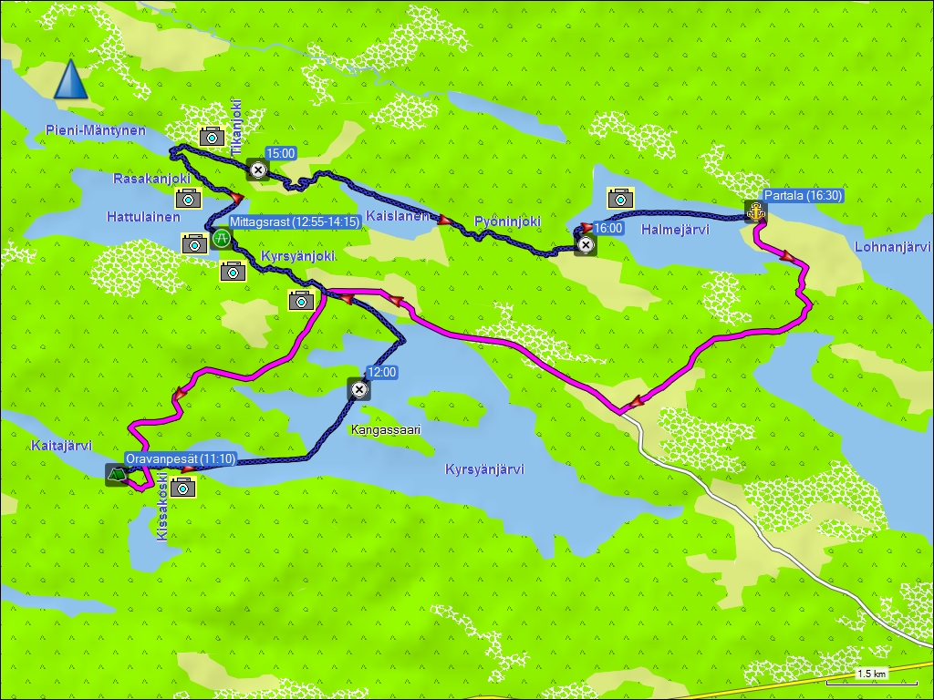 wegstrecken kanutour und transport vom ziel partala zum camping oravanpest bei sulkava, FI