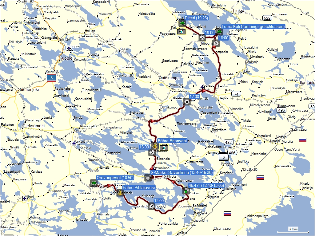 wegstrecke der fahrt vom campingplatz oravanpest bei sulkava, FI zum campingplatz piiteri bei juuka, FI