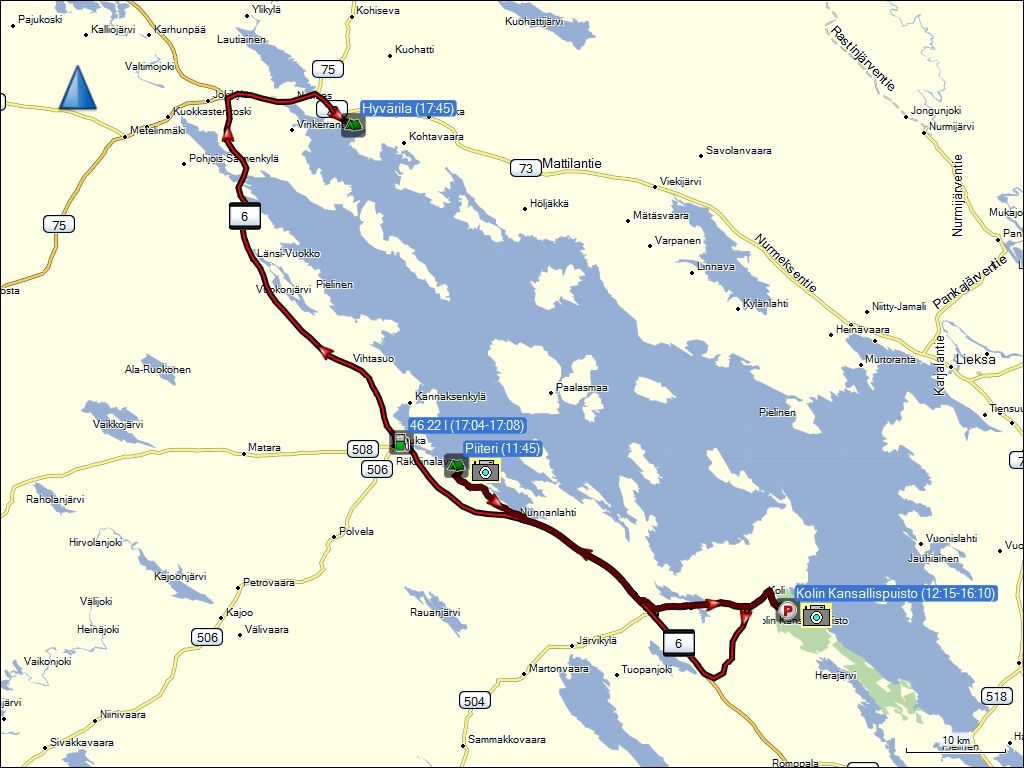 wegstrecke der fahrt vom campingplatz piiteri bei juuka, FI via nationalpark kolin kansallispuisto zum campingplatz hyvrila bei nurmes, FI