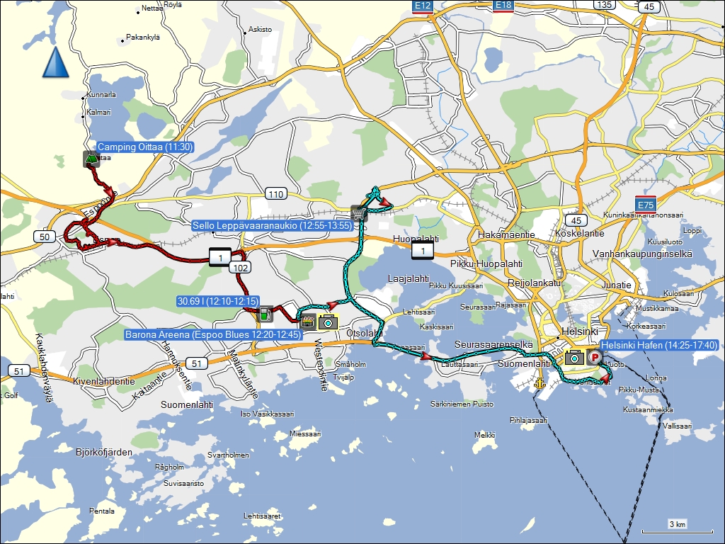 wegstrecke der fahrt vom campingplatz oittaa bei espoo, FI via barona areena und einkaufszentrum sello leppvaaranaukio zum hafen von helsinki, FI