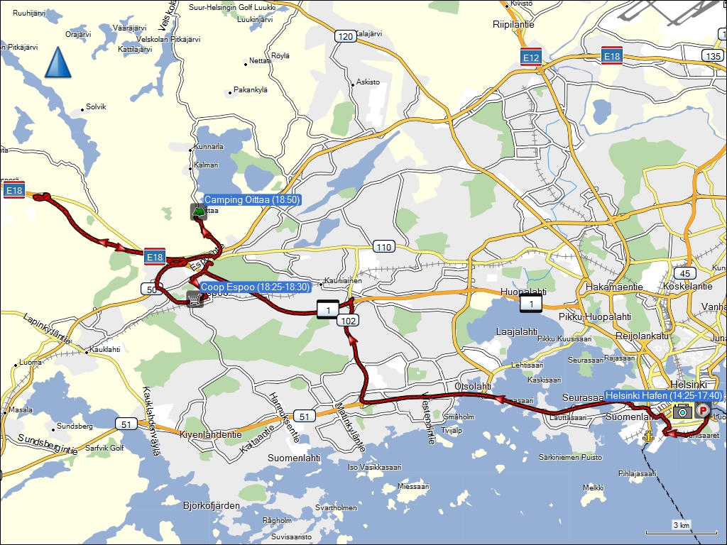 wegstrecke der fahrt vom hafen von helsinki, FI via coop espoo zum campingplatz oittaa bei espoo, FI
