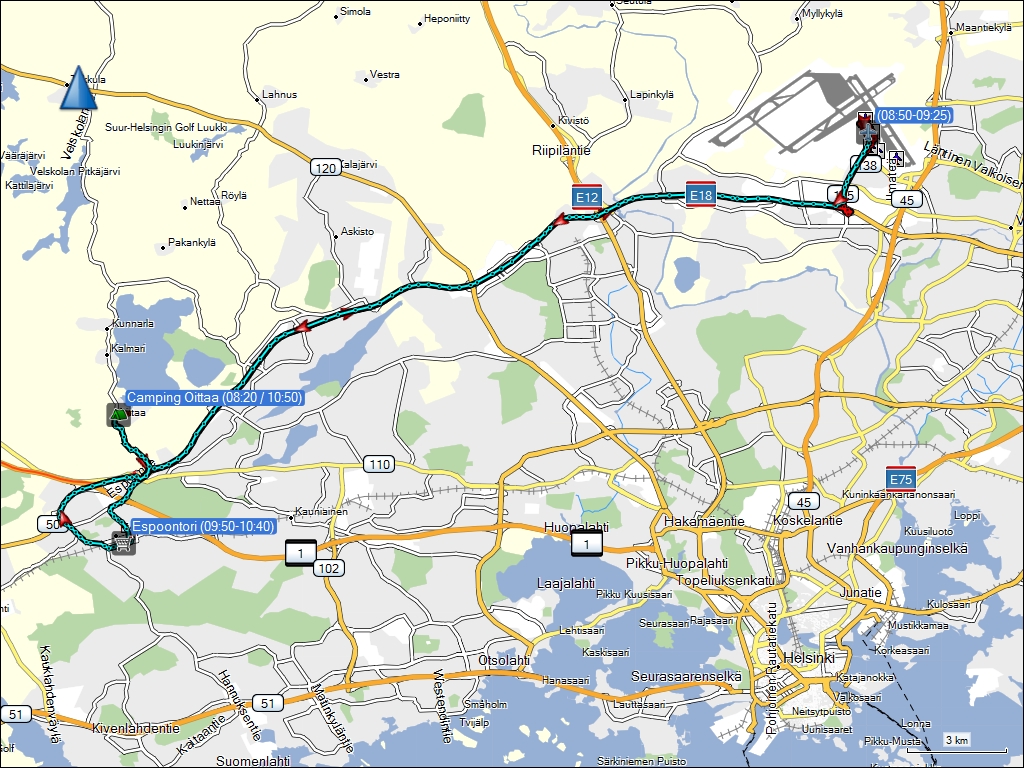 wegstrecke der fahrt vom campingplatz oittaa bei espoo, FI zum flughafen helsinki-vantaan lentoasema und zurck via einkaufszentrum espoontori