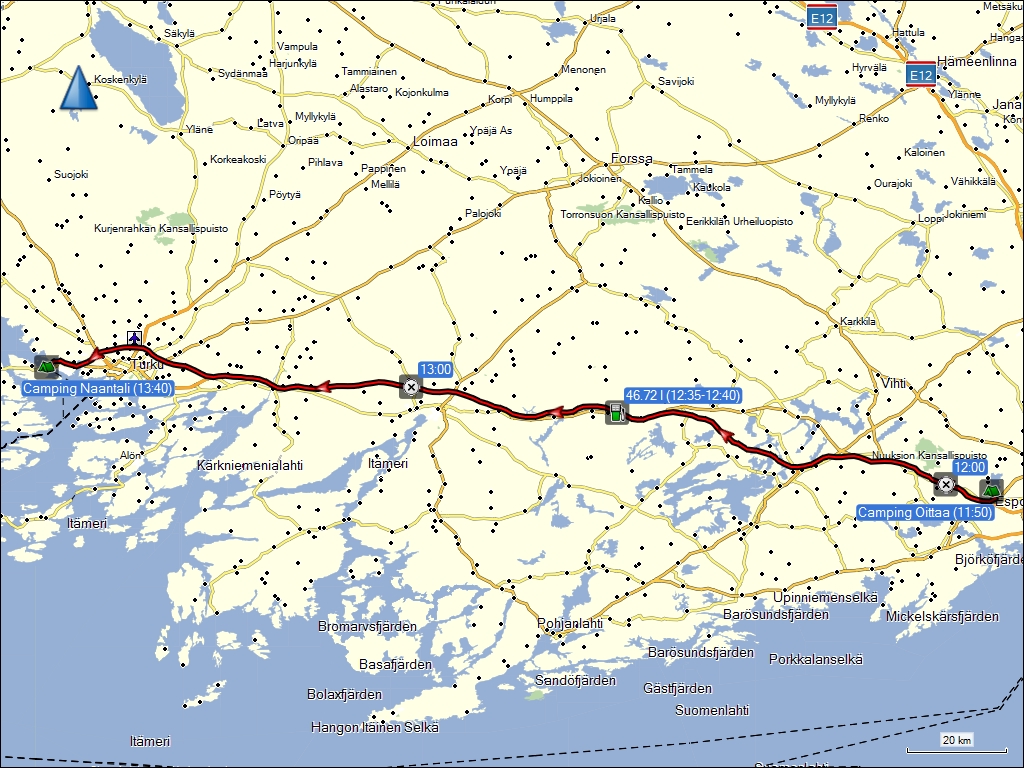 wegstrecke der fahrt vom campingplatz oittaa bei espoo, FI zum campingplatz naantali, FI