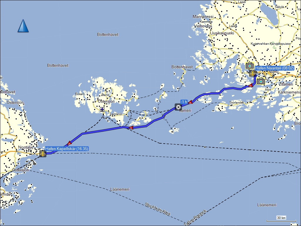 wegstrecke der berfahrt von naantali, FI nach kapellskr, SE